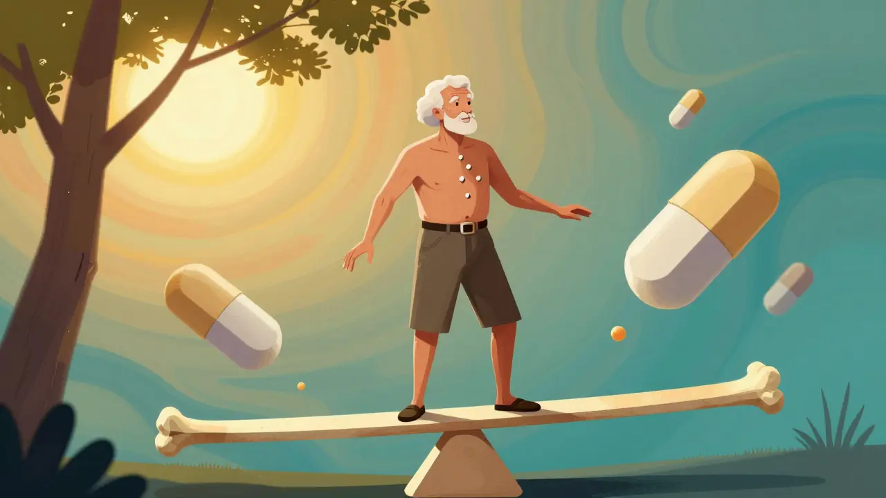 Elderly person balanced on bone beam, sunlight and D3 molecules gently landing, calcium tablets floating away.