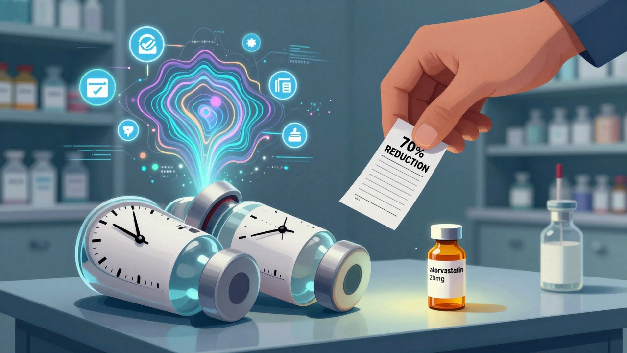 Expired insulin bottles next to a new generic drug with AI data streams and order reduction notice