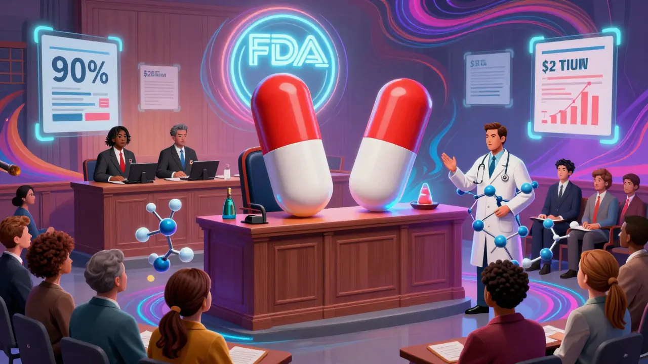 Generic pill on trial beside brand-name pill, judged by stethoscope-wearing figures under FDA seal with savings charts.