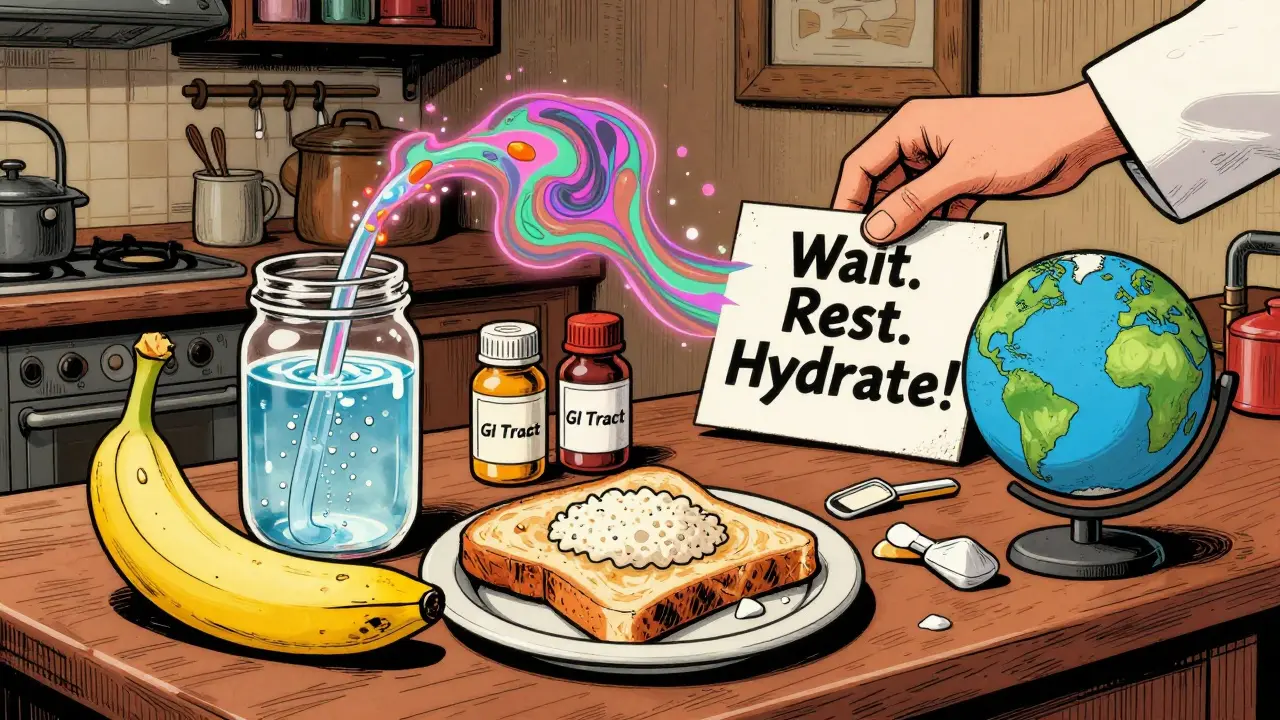 Homemade rehydration solution and BRAT diet on counter, doctor’s hand placing 'Wait. Rest. Hydrate.' sign over OTC pills.