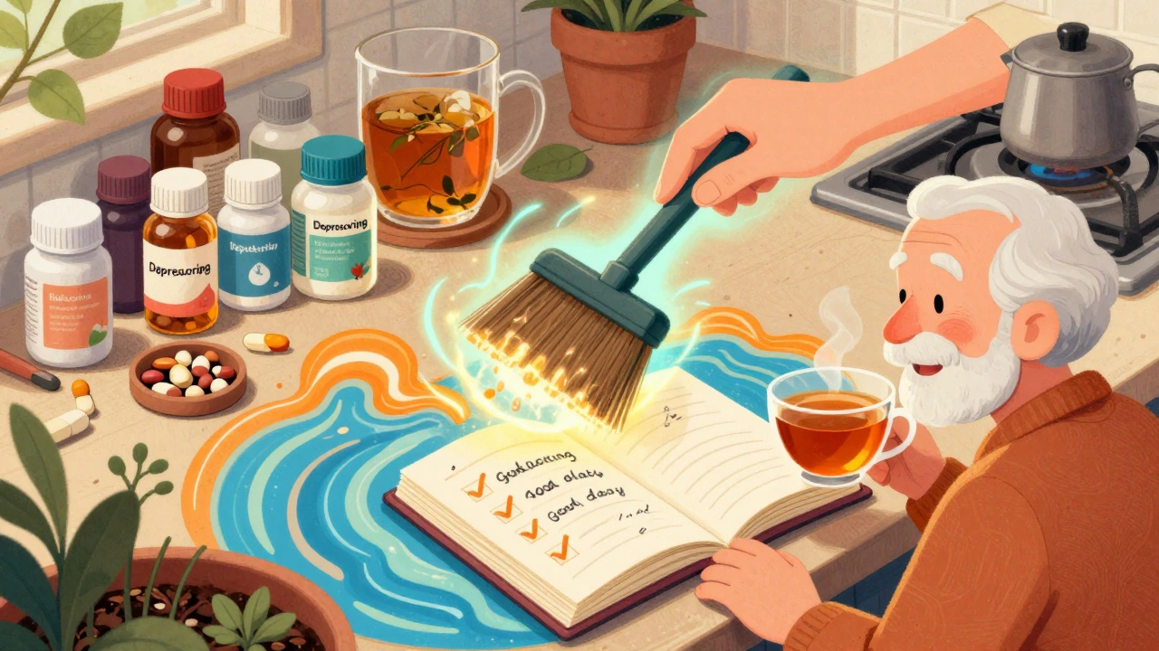 Kitchen counter with pill bottles being swept away, senior gardening joyfully with journal showing improved days.