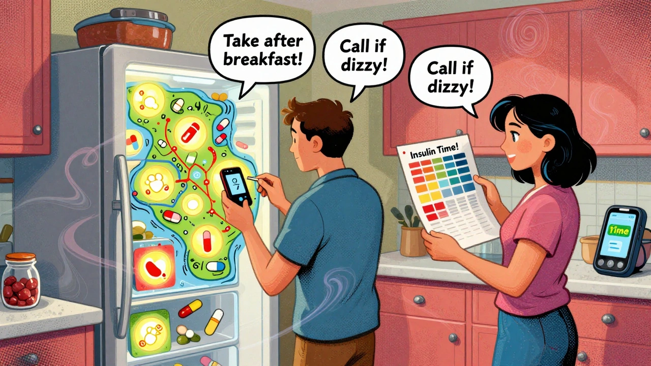 Man at fridge with glowing medication map and alarm, wife holding color-coded chart.