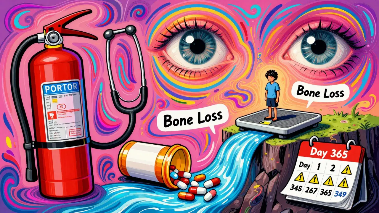 Medical icons in psychedelic chaos—pill bottle, crumbling bones, watching eye, calendar.
