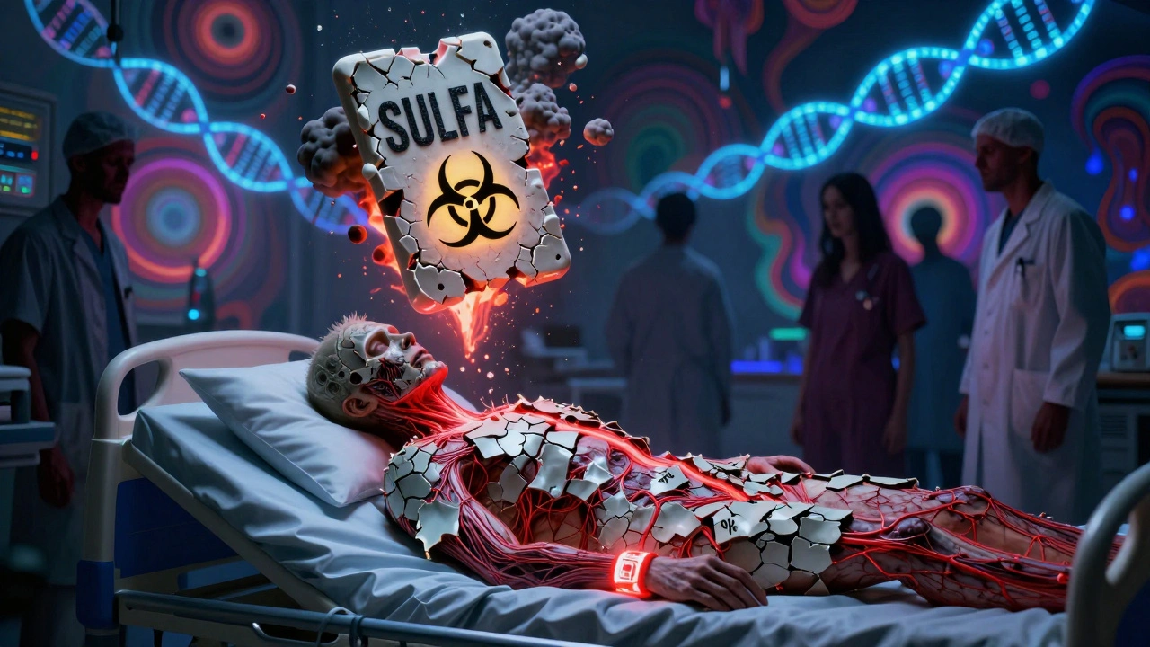 Patient with peeling skin on a hospital bed, a crumbling sulfa tablet exploding above, glowing gene chains in background.
