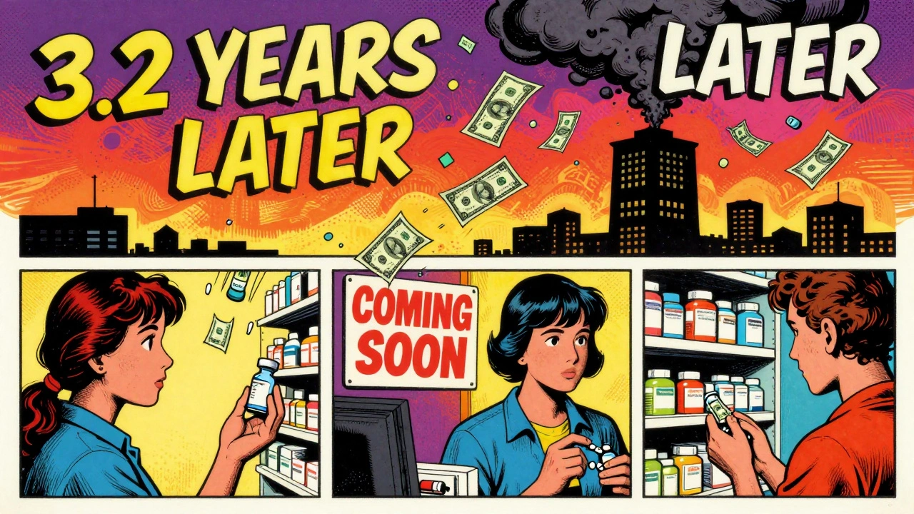 Patients rationing medicine as a corporate tower rains down dollar bills, with a &#039;COMING SOON&#039; sign and a clock showing 3.2 years delay.