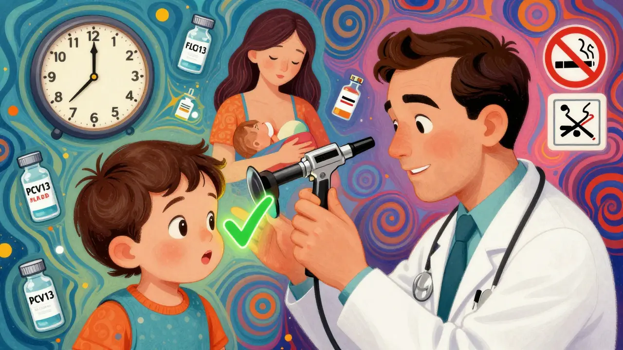 Pediatrician examining a child's ear with floating vaccine icons, smoke-free symbols, and a clock showing 48 hours in retro psychedelic style.