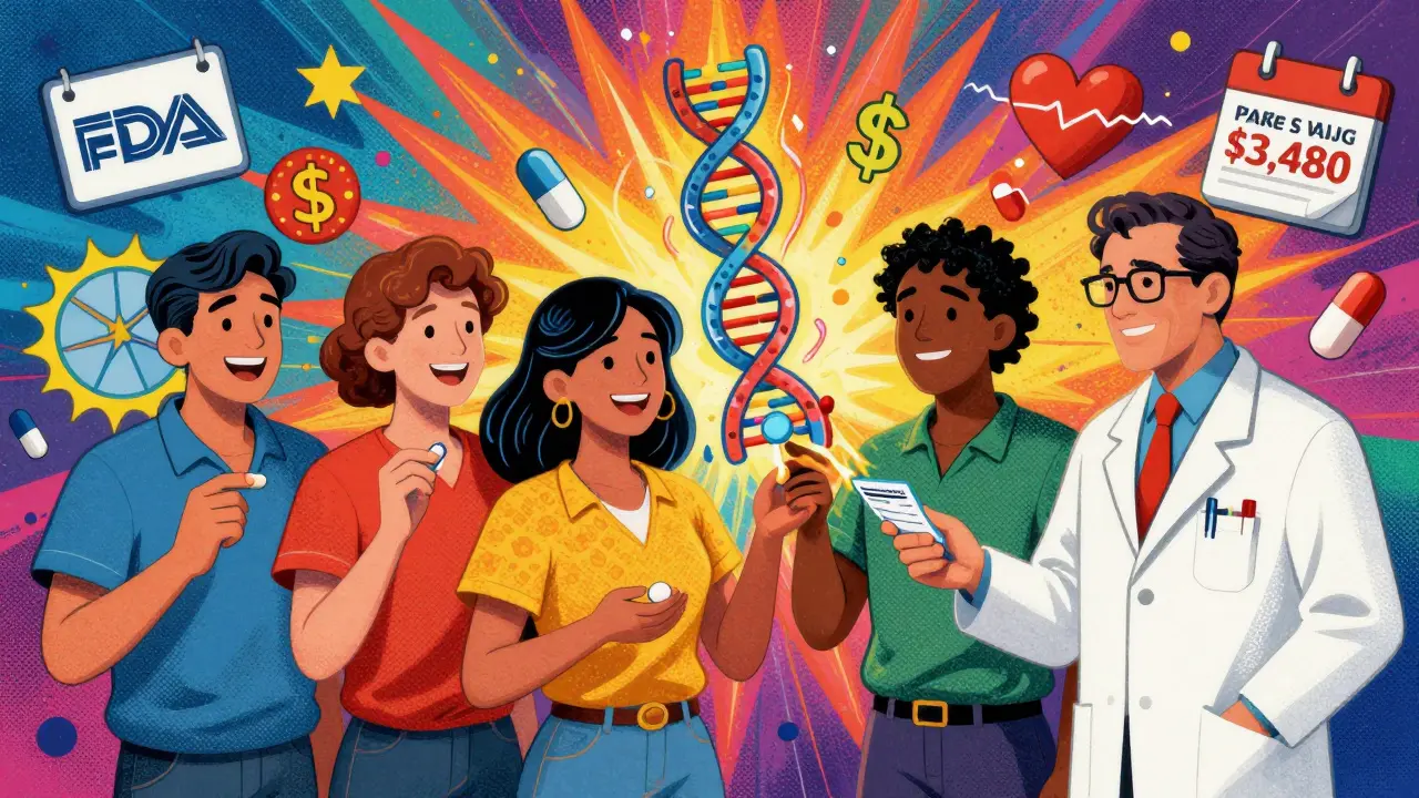 People hold pills that turn into DNA and money symbols, with a doctor in a lab coat superhero cape, all in psychedelic colors.