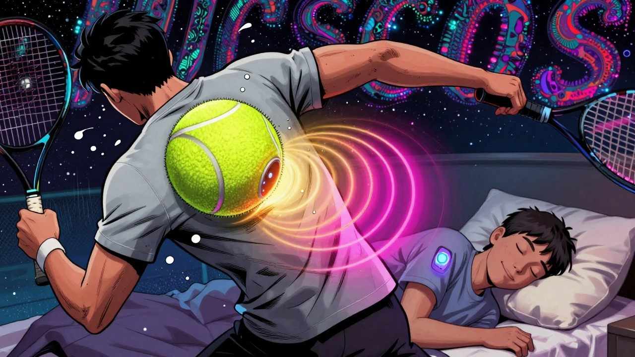 Person rolling to side with tennis ball shirt and vibrating wearable device