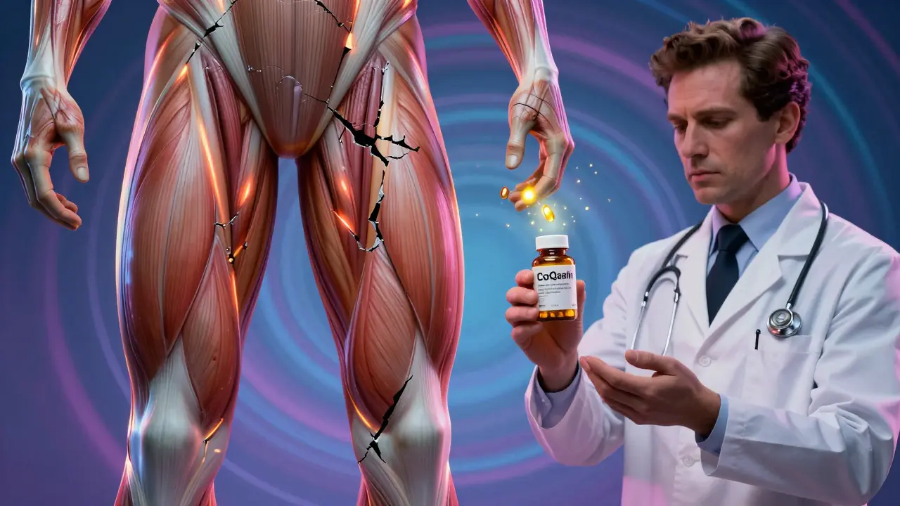 Person with dimming muscle fibers as CoQ10 molecules float away, contrasted with a doctor offering alternatives.