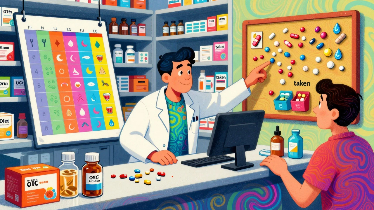 Pharmacist and patient at counter with color-coded pill chart and magnetic medication board.