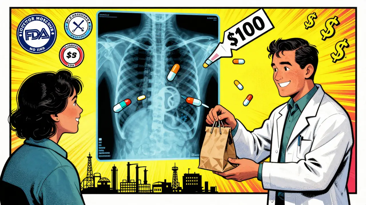 Pharmacist giving a generic pill to a patient, with X-ray view of identical drug molecules in bloodstream and falling price tags.