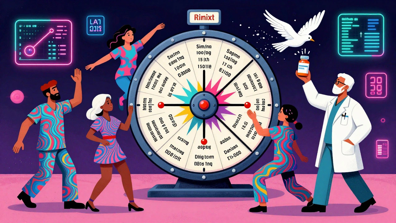 Pharmacists dancing around a rotating inventory wheel with expiry dates and AI algorithms