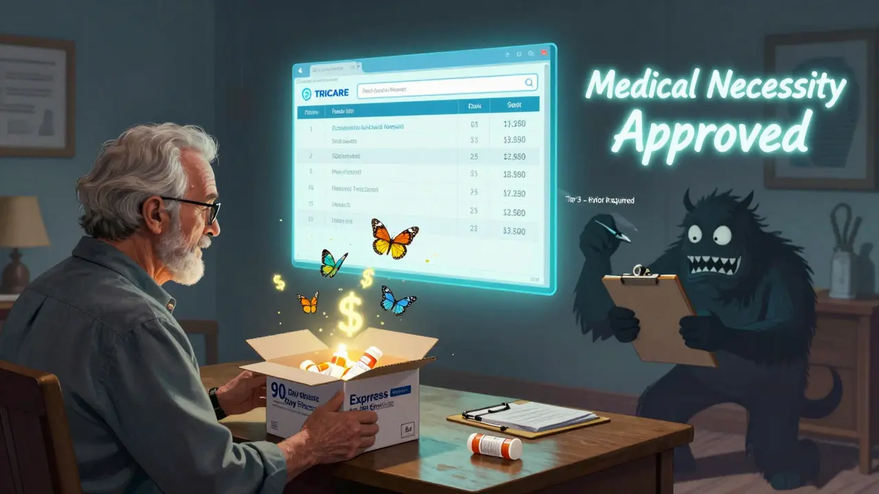 Retiree opening home-delivered generics with formulary screen floating nearby, defeating prior authorization monster