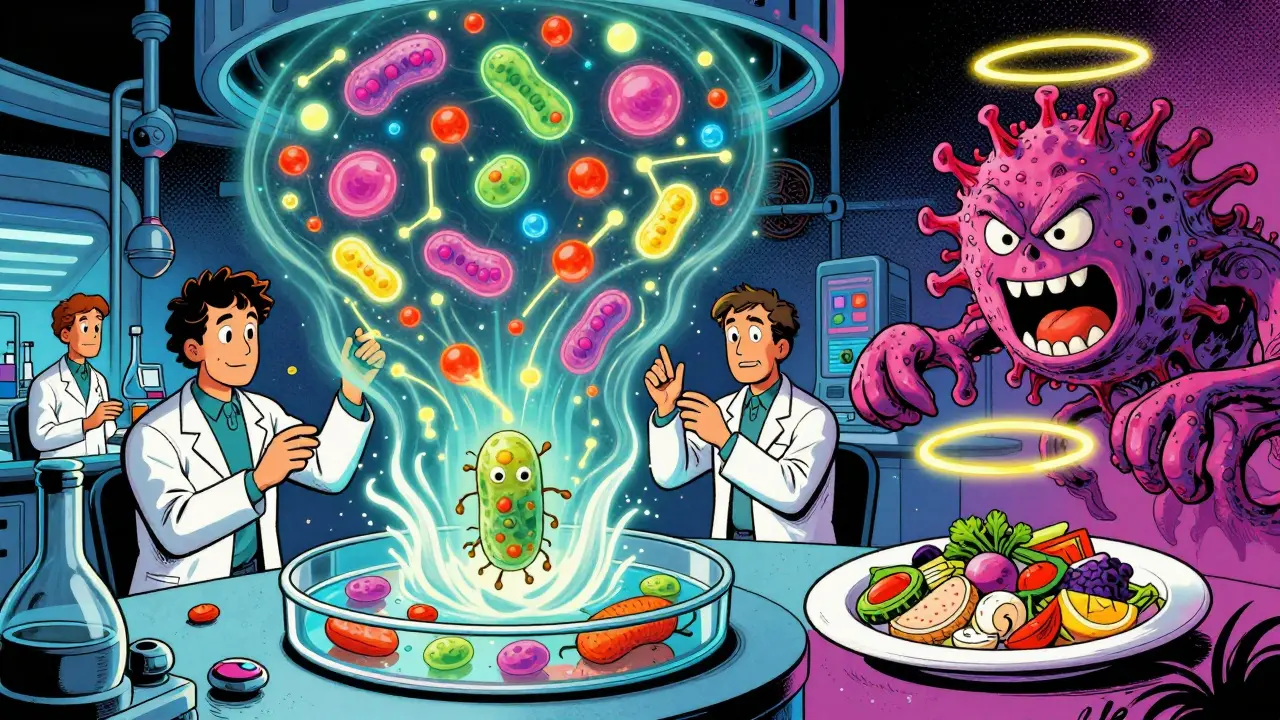 Scientists analyzing glowing gut microbiomes as constellations, calming immune cells with a Mediterranean diet halo.