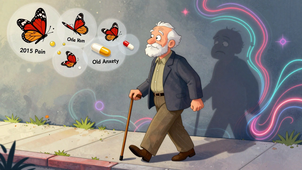 Senior walking confidently as unnecessary pills turn into butterflies behind them, shadow version fading away.
