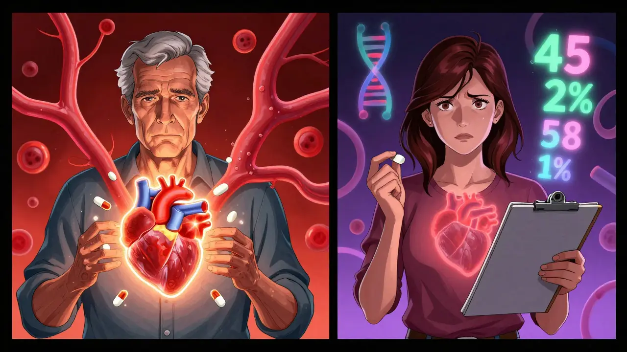 Split cartoon: older man with strong heart from statins vs. younger woman questioning need, surrounded by floating risk numbers.