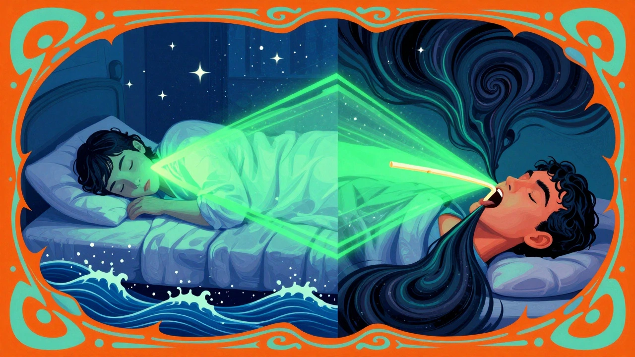 Split illustration of side vs back sleeping with open vs collapsed airways