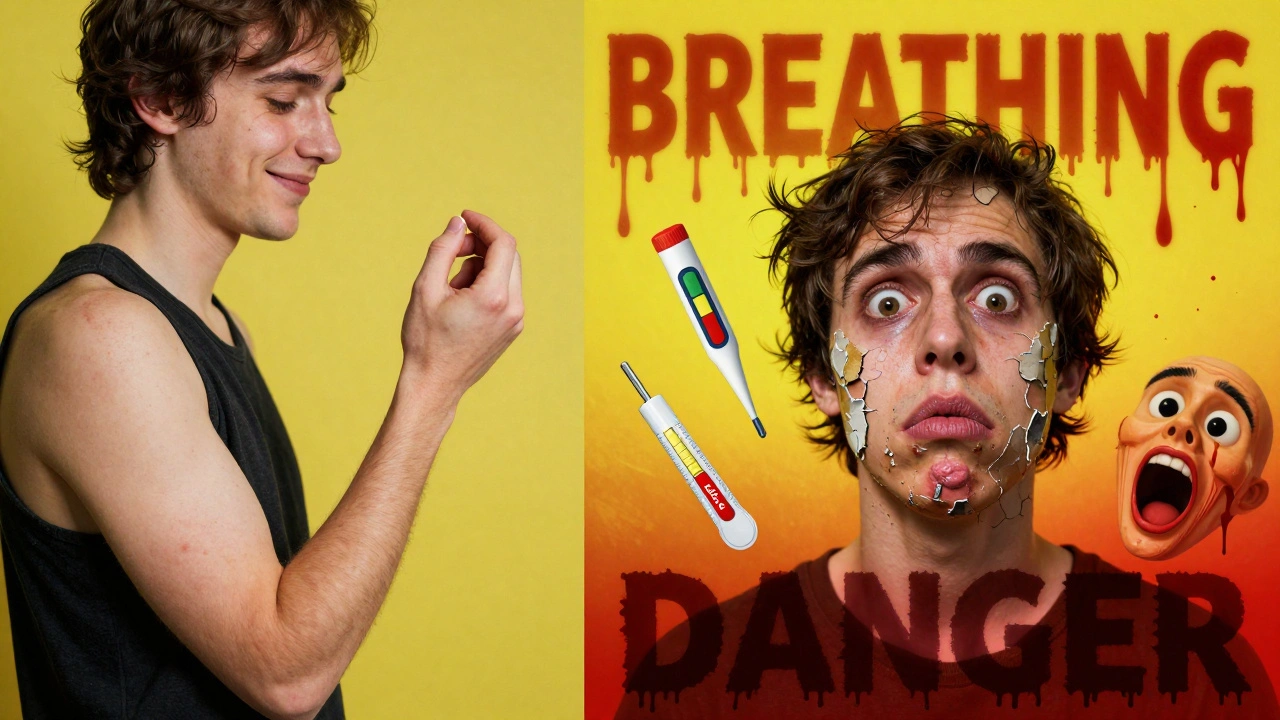 Split illustration showing mild rash turning into severe swelling and skin peeling with glowing medical symbols.