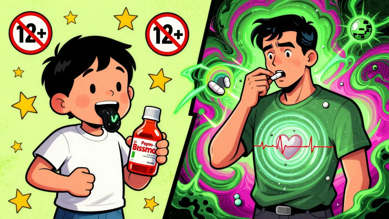 Split image: child with black tongue from Pepto-Bismol, adult overdosing on loperamide with heart EKG flatline.