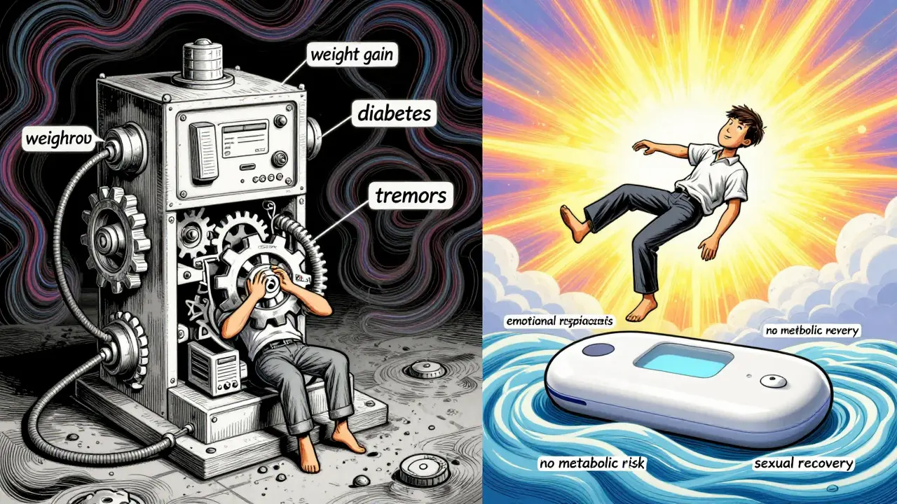 Split panel: heavy antipsychotic machine crushing person vs. sleek buspirone device lifting person, symbolizing metabolic safety and emotional recovery.