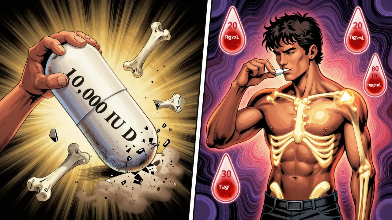 Split scene: high-dose vitamin D causes bone collapse, low-dose supports strong bones with blood test numbers swirling.