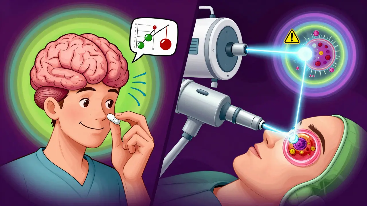 Split scene: pill shrinking tumor vs. surgery and Gamma Knife treatment with psychedelic effects.