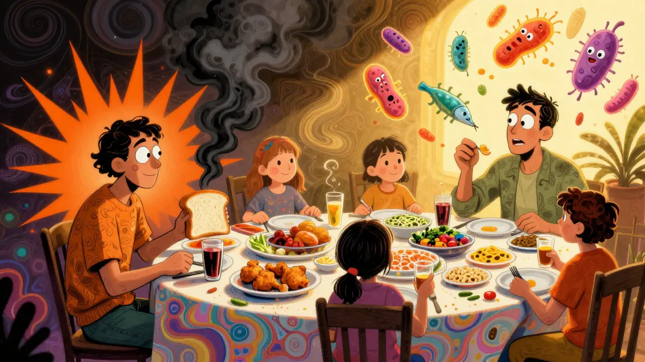 Split scene: processed food causing dark smoke vs. whole foods emitting warm light and friendly gut bacteria.