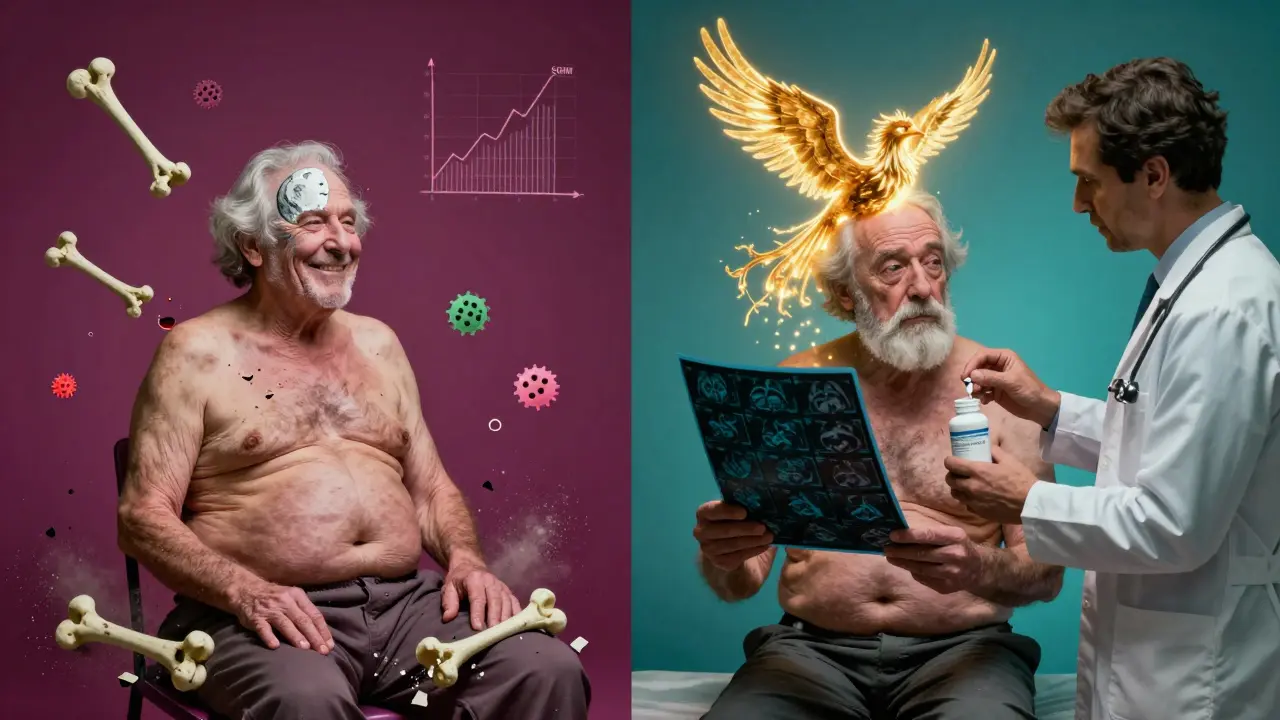 Split scene: side effects on left, safe tapering and new treatment on right.