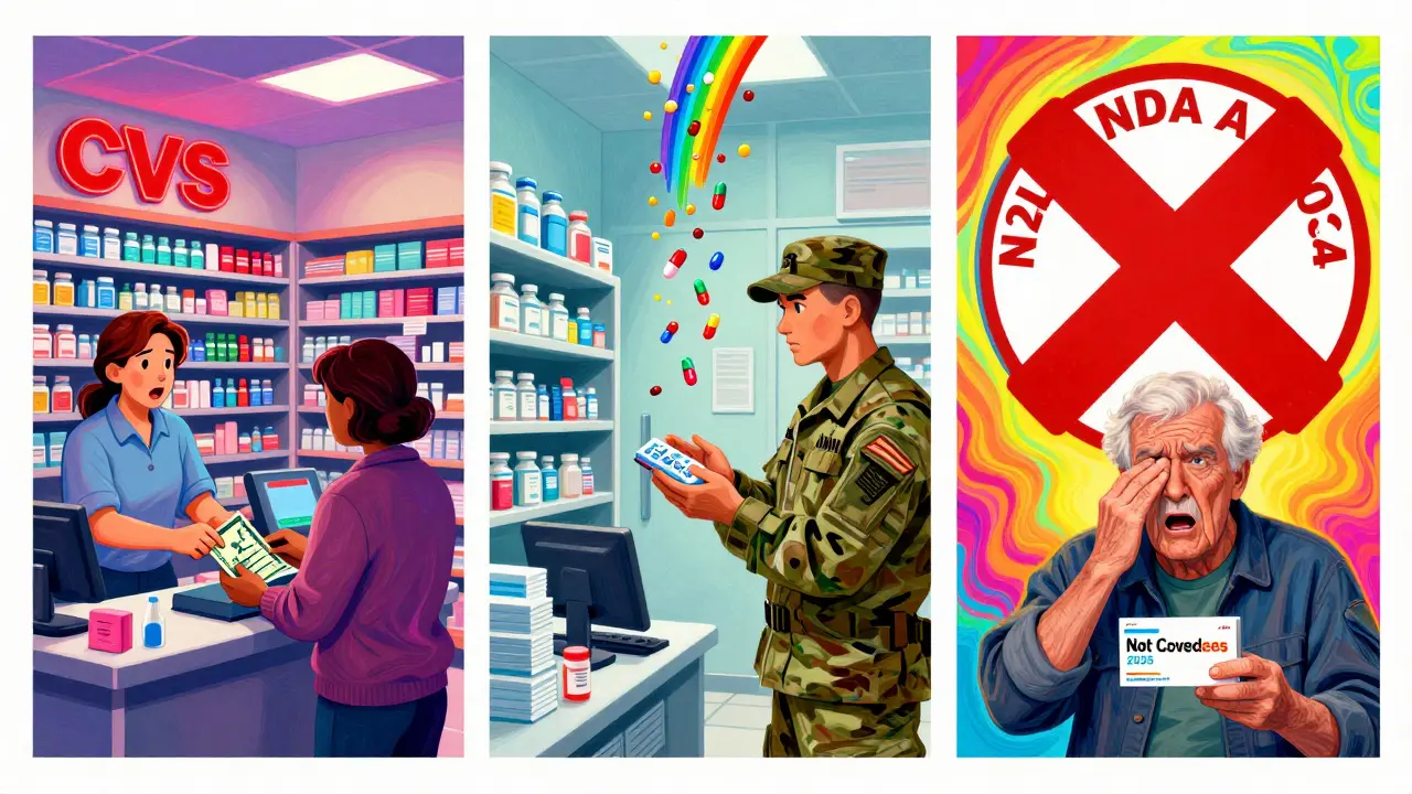 Three-panel contrast: overcharged retail pharmacy, free military pharmacy, and denied weight loss drug with red X