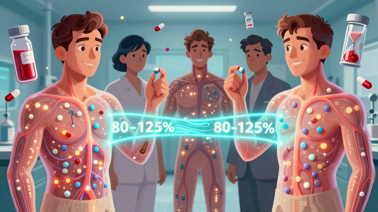 Transparent volunteers show glowing bloodstreams as brand and generic pills connect via a pulsing confidence interval band.