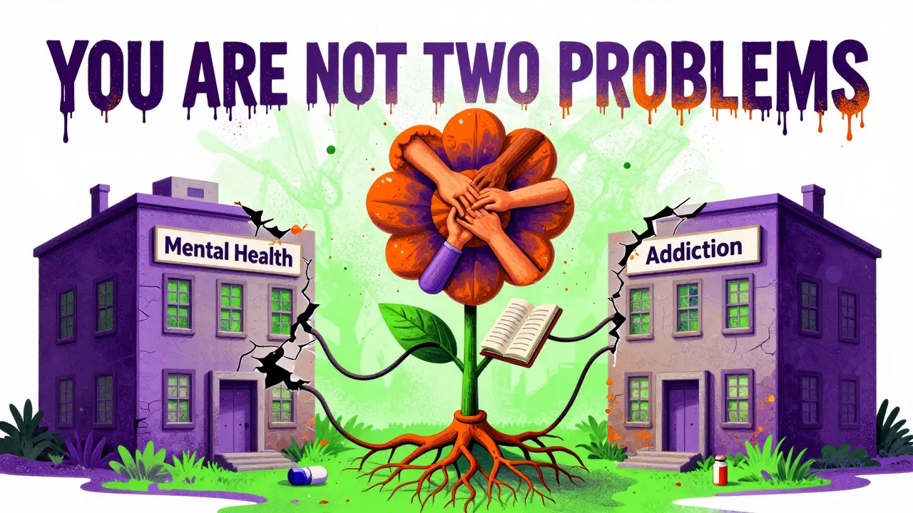 A broken system of separate clinics replaced by a single integrated clinic blooming like a flower.