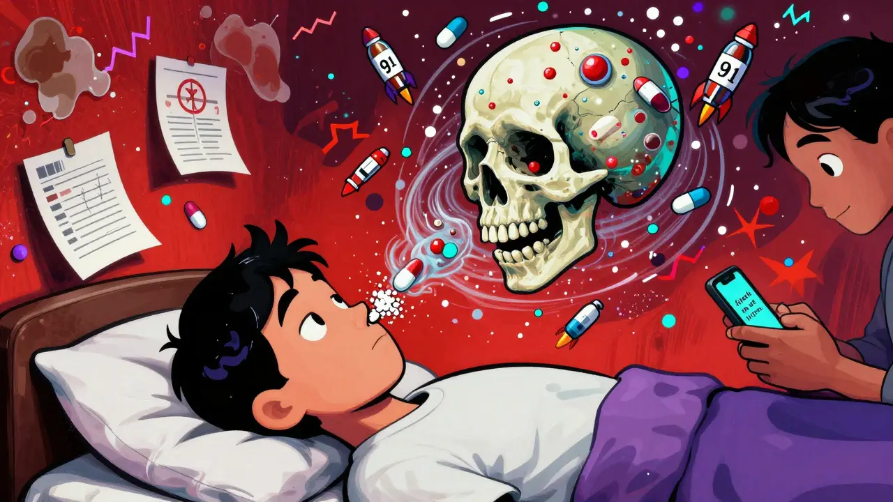 A crushed pill releases toxic molecules into a person's head, while naloxone vials fly away and a friend texts a safety reminder.