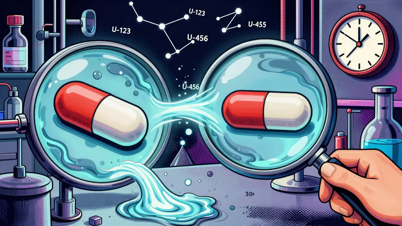 A generic pill and brand-name pill connected by glowing bioequivalence streams, with patent numbers floating like stars.