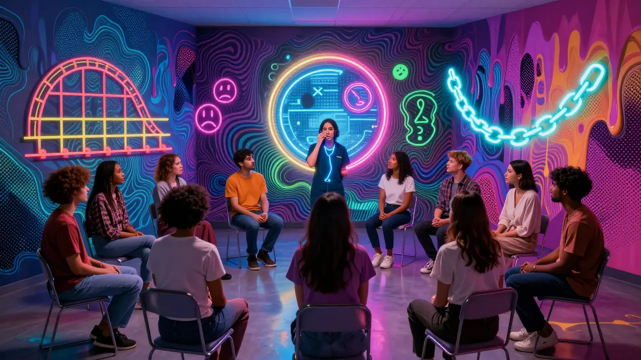 A group in therapy surrounded by personalized hallucinations being gently untangled by a clinician.