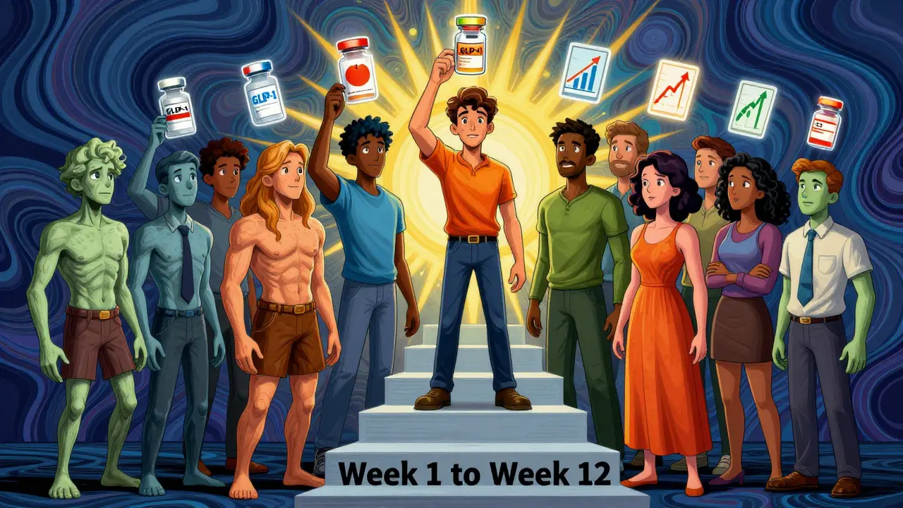 A group of people ascend a staircase from sickness to health, holding GLP-1 medications with glowing energy rays above