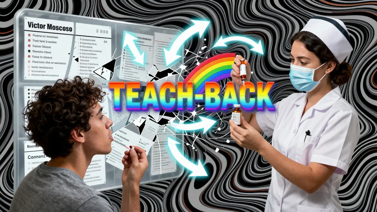 A nurse watching a patient take medication, with shattered language barriers and clear instructions glowing in vibrant patterns.