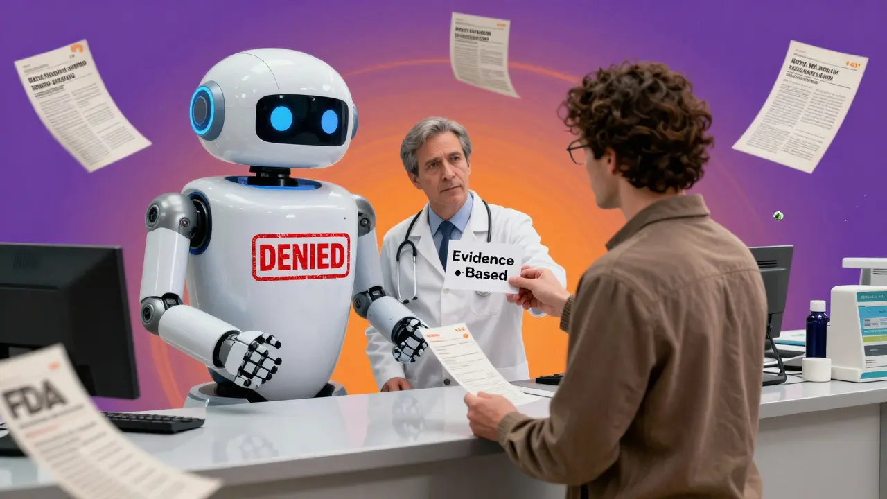 A patient faces a denial from an insurance robot, while a doctor slips them a note saying 'Evidence-Based' in a vibrant psychedelic setting.
