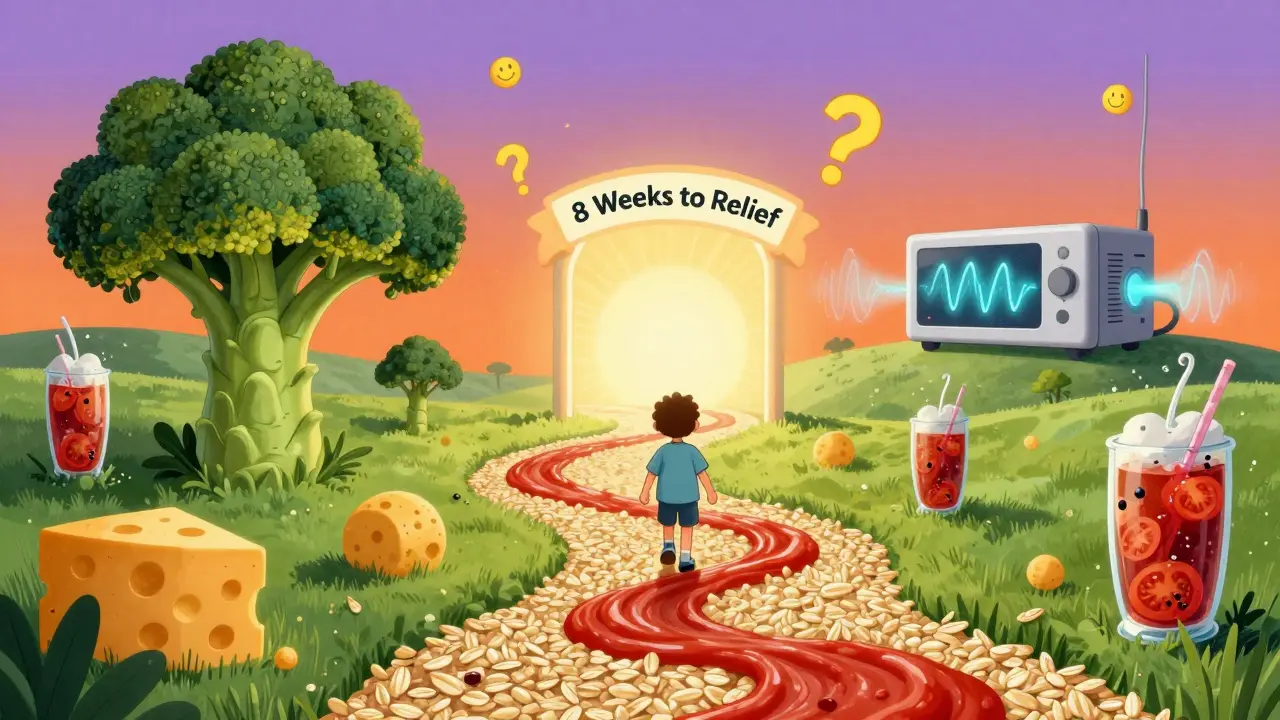 A patient walking a path of blended foods toward a glowing portal, avoiding giant broccoli and soda geysers.