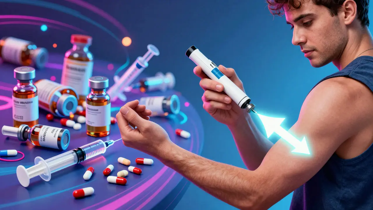 A person clicks a generic insulin pen as floating pills vanish, with neon motion lines in background.