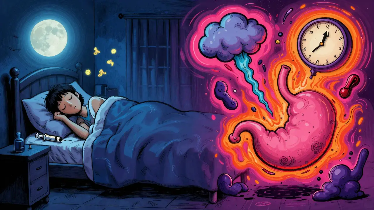 A person sleeps peacefully at night with a syringe nearby, while chaotic nausea dreams swirl around them