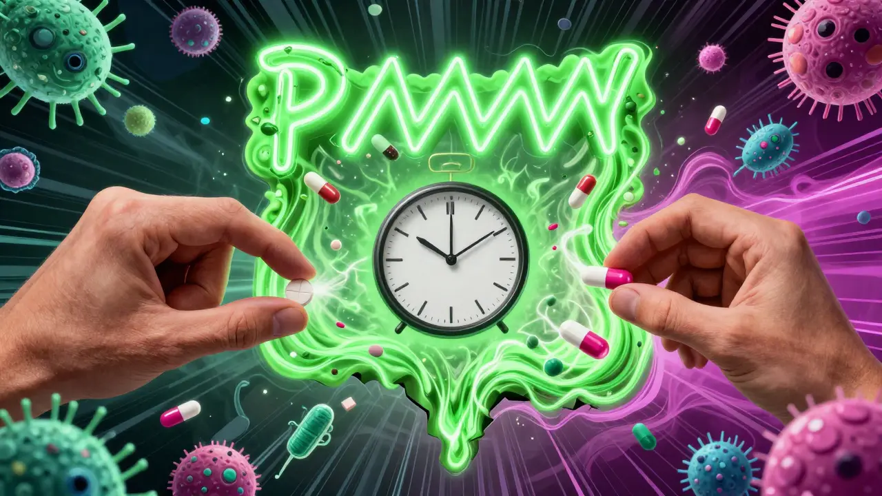 A person taking antibiotic and probiotic capsules with a glowing 2-hour time gap between them in psychedelic style.