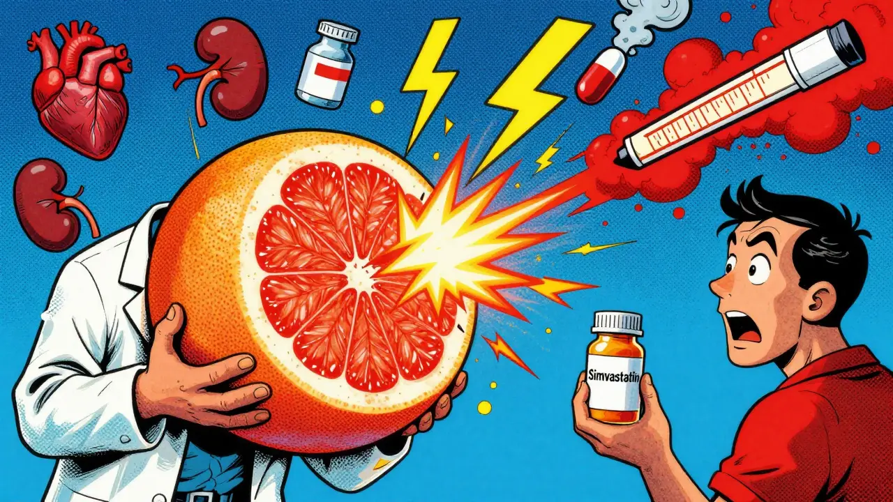A pharmacist confronts a exploding grapefruit while a patient holds a statin prescription.