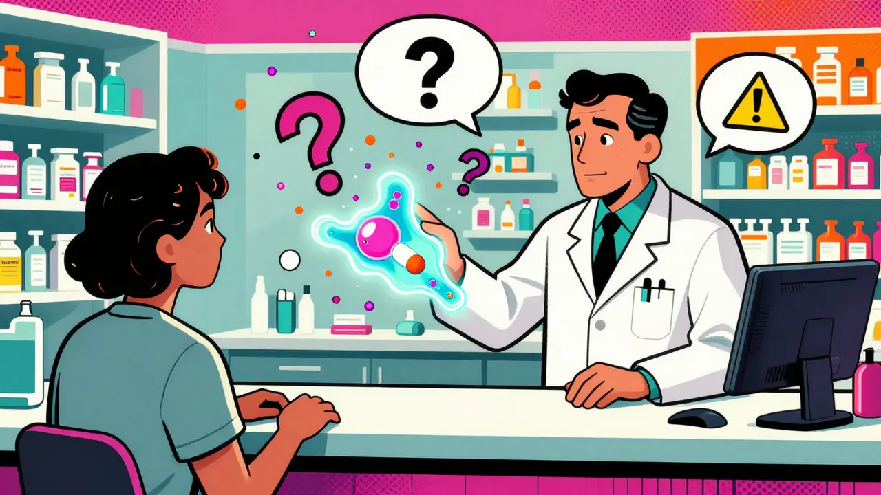 A pharmacist gives a patient a merged device of patch, inhaler, and pill, with floating warning signs dissolving.