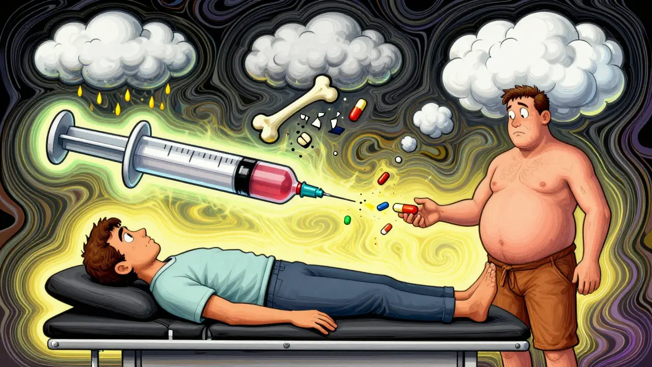 A surreal cartoon of steroid particles transforming into storm clouds above a patient, showing blood sugar spikes, crumbling bones, and Cushing's symptoms.