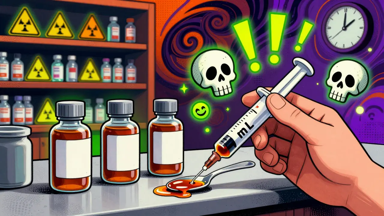 A teaspoon overflows with liquid opioid beside precise syringes, with warning symbols and clock faces floating in a psychedelic pharmacy scene.