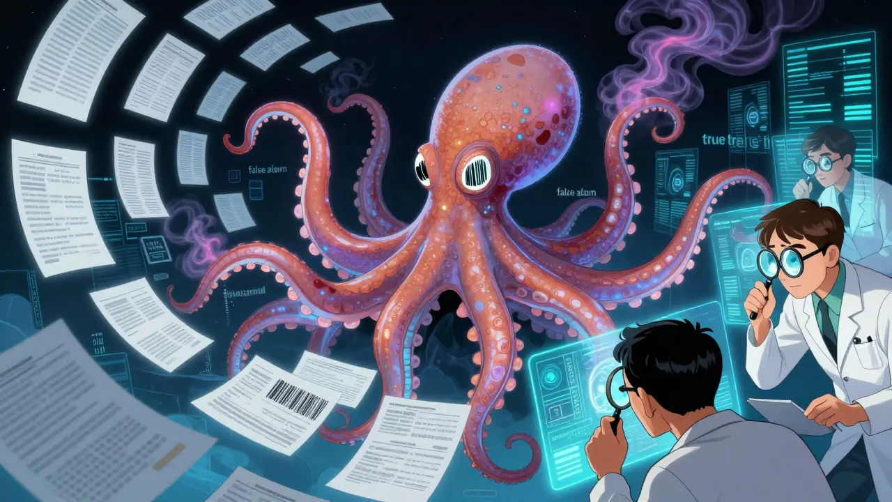 An AI octopus analyzing patient reports, with human analysts detecting a rare drug reaction signal.