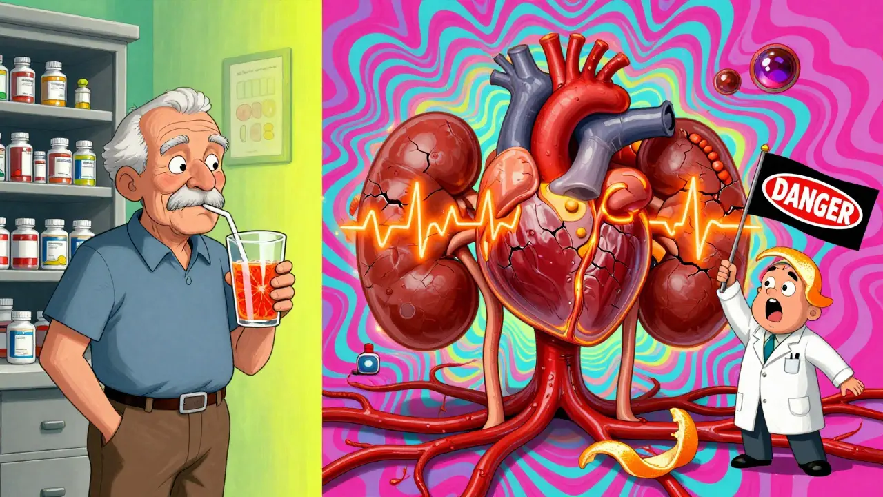 An elderly man drinking grapefruit juice as his body transforms into a medical emergency.