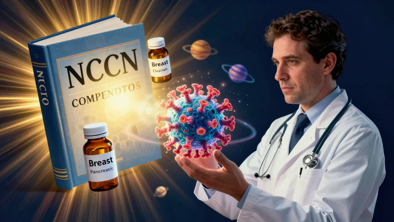 An oncologist holds a cancer cell model with three drug bottles orbiting it, glowing with scientific light and NCCN compendium in background.