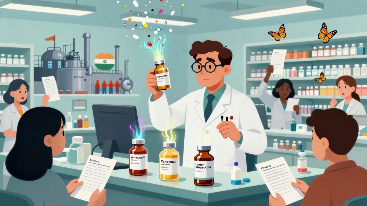 Chaos at a pharmacy counter with swirling drug vials and dissolving factories in background.