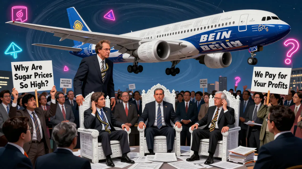 Citizens protest against lobbyists and regulators seated on tax forms, with a Boeing plane overhead.